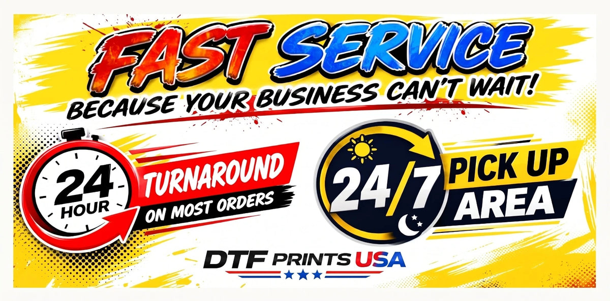 Promotional graphic for DTF Prints USA advertising fast service with 24-hour turnaround and 24/7 pickup, featuring bold red, blue, black, and yellow text over a yellow brushstroke background.