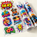 Two rolls of temporary tattoo stickers on a white background, featuring colorful designs including a lion, bear, butterfly, palm trees, flowers, a smiley face, a bear in an orange hoodie, a sneaker, a truck, and text like 'Good Vibes', 'Stay Positive', and 'Summer'. A large promotional badge in the top left reads 'AS LOW AS $4.