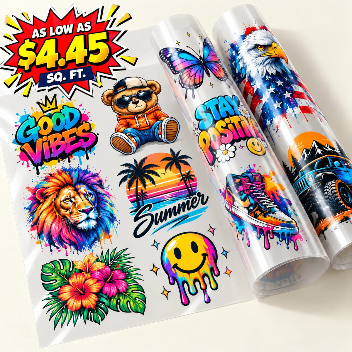 Two rolls of temporary tattoo stickers on a white background, featuring colorful designs including a lion, bear, butterfly, palm trees, flowers, a smiley face, a bear in an orange hoodie, a sneaker, a truck, and text like 'Good Vibes', 'Stay Positive', and 'Summer'. A large promotional badge in the top left reads 'AS LOW AS $4.