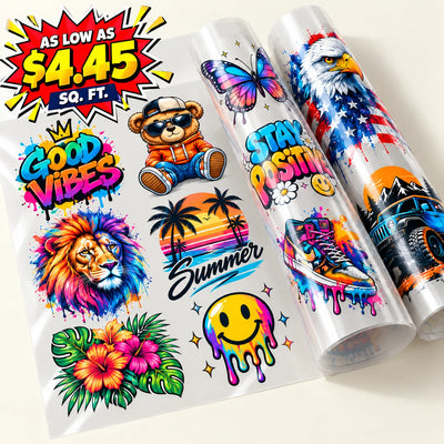 Two rolls of temporary tattoo stickers on a white background, featuring colorful designs including a lion, bear, butterfly, palm trees, flowers, a smiley face, a bear in an orange hoodie, a sneaker, a truck, and text like 'Good Vibes', 'Stay Positive', and 'Summer'. A large promotional badge in the top left reads 'AS LOW AS $4.