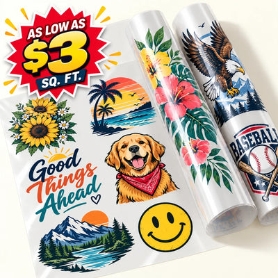 Two rolls of clear vinyl wrap or decal film displayed on a light background, with one roll partially unrolled to show colorful printed designs including sunflowers, a golden retriever, a mountain landscape, a smiley face, palm trees, hibiscus flowers, an eagle, and baseball graphics. A large promotional badge in the top left reads 'AS LOW AS $3 SQ.