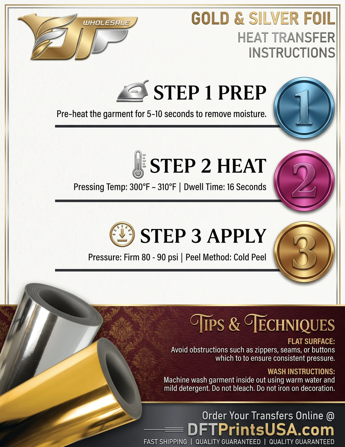 Instruction sheet for DFT Wholesalers heat transfer application, detailing steps 1 prep, 2 heat, and 3 apply for gold and silver foil transfers, with visual diagrams and product rolls at the bottom.
