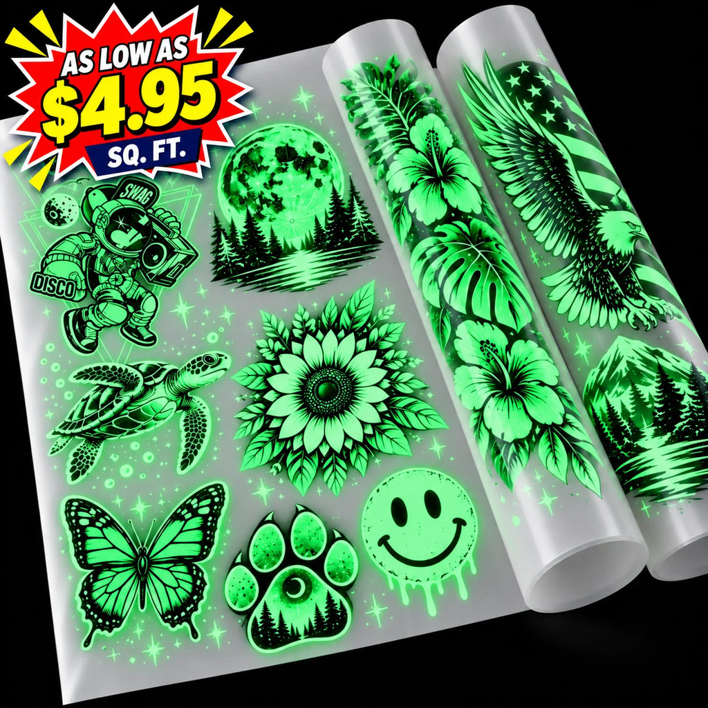 Glow-in-the-dark temporary tattoos displayed on a sheet and two rolls against a black background, featuring designs like a butterfly, turtle, sunflower, astronaut, smiley face, and tropical leaves. A red and yellow promotional badge in the top left reads 'AS LOW AS $4.