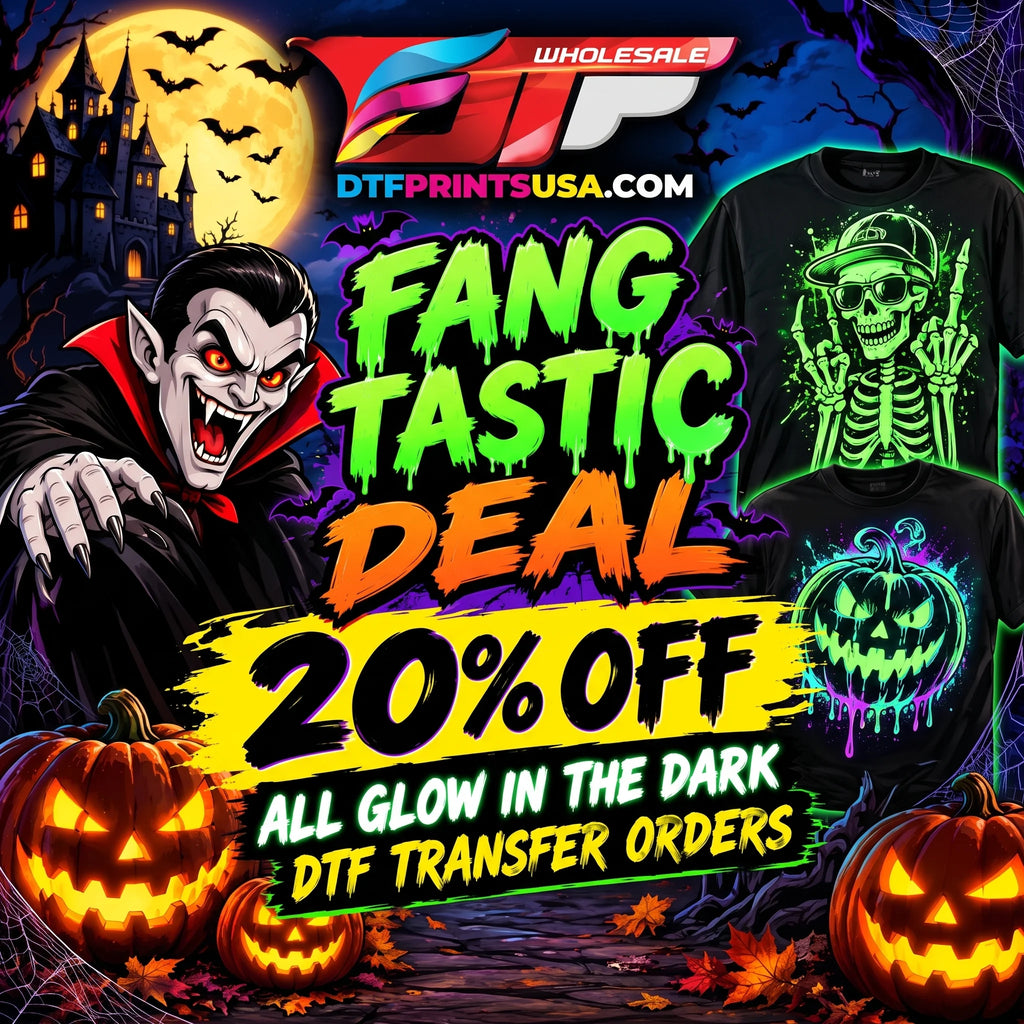 Promotional graphic for DTF transfer orders featuring Halloween-themed artwork, including a vampire, pumpkins, a skeleton, and two glow-in-the-dark t-shirt designs. Large text reads 'Fang Tastic Deal 20% Off' and 'All Glow in the Dark DTF Transfer Orders,' with the DTF Prints USA logo at the top.