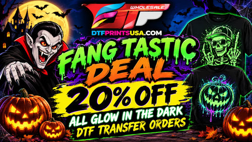 Promotional graphic for DTF transfer orders featuring Halloween-themed artwork, including a vampire, pumpkins, a skeleton, and two glow-in-the-dark t-shirt designs. Large text reads 'Fang Tastic Deal 20% Off' and 'All Glow in the Dark DTF Transfer Orders,' with the DTF Prints USA logo at the top.