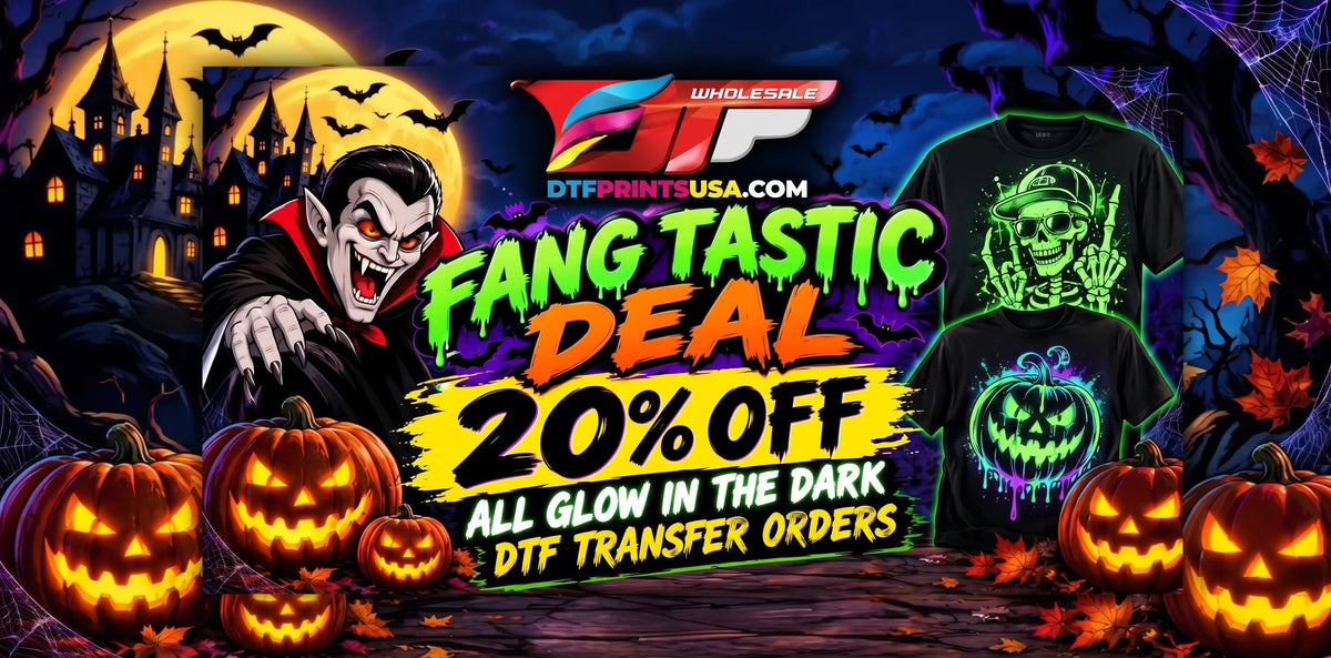 Promotional graphic for DTF transfer orders featuring Halloween-themed artwork with a vampire, haunted house, full moon, pumpkins, and two black t-shirts showing glowing graphic designs. Large text reads 'Fang Tastic Deal 20% Off' and 'All Glow in the Dark DTF Transfer Orders.