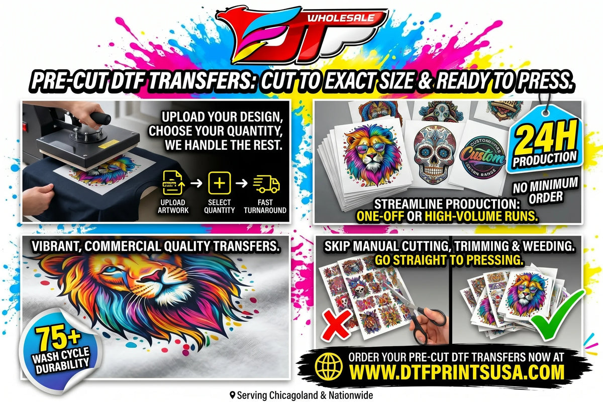 Promotional graphic for wholesale DTF (Direct to Film) transfers, showing a colorful lion graphic being printed on a t-shirt by a heat press machine, alongside sample designs like a lion and a skull. The image features the 'Wholesale DT' logo and text highlighting features like 'Cut to exact size', '24H production', and '75+ wash cycle durability'.