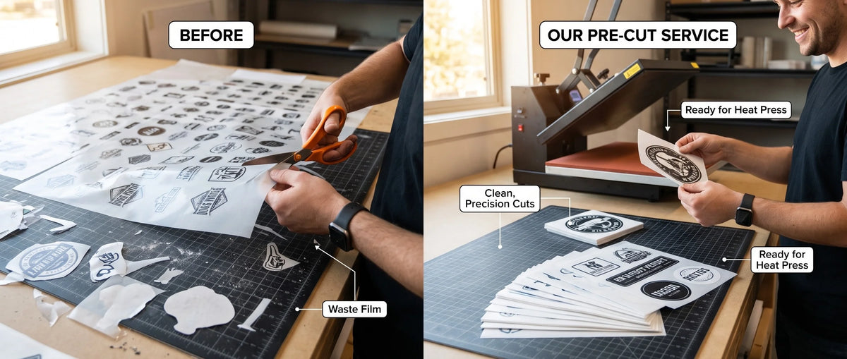 A side-by-side comparison showing a person cutting out printed sticker designs on a table labeled 'BEFORE,' and another person using a heat press machine with labeled sheets ready for heat press, under the heading 'OUR PRE-CUT SERVICE.'.