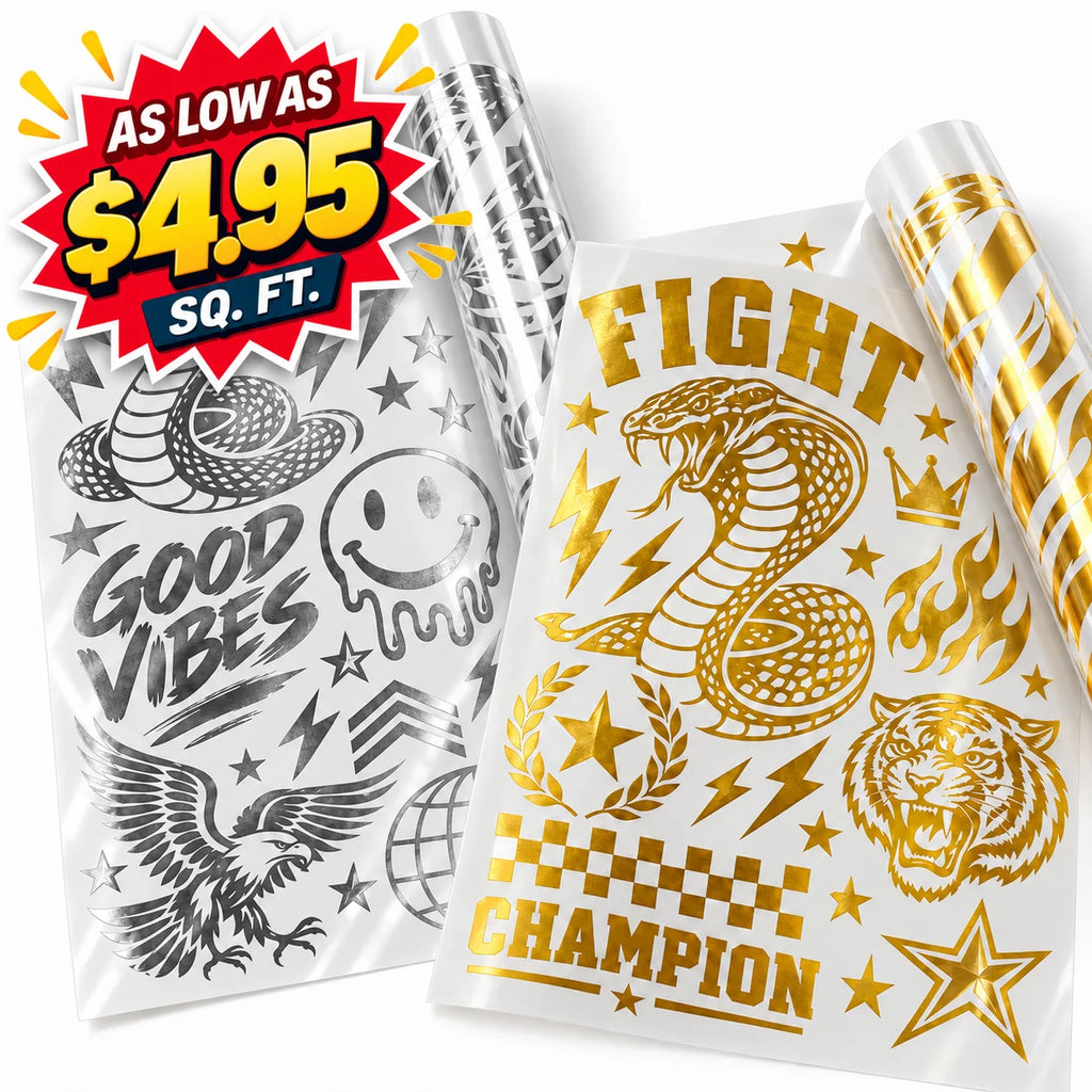 Two rolls of temporary tattoo vinyl sheets on a white background, one with black designs and one with gold designs. A red and yellow promotional badge in the top left reads 'AS LOW AS $4.