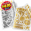 Two rolls of temporary tattoo vinyl sheets on a white background, one with black designs and one with gold designs. A red and yellow promotional badge in the top left reads 'AS LOW AS $4.