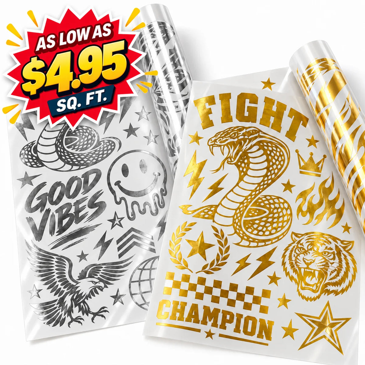 Two rolls of temporary tattoo vinyl sheets on a white background, one with black designs and one with gold designs. A red and yellow promotional badge in the top left reads 'AS LOW AS $4.