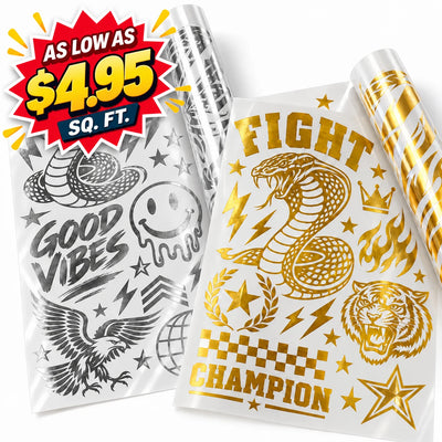 Two rolls of temporary tattoo vinyl sheets on a white background, one with black designs and one with gold designs. A red and yellow promotional badge in the top left reads 'AS LOW AS $4.