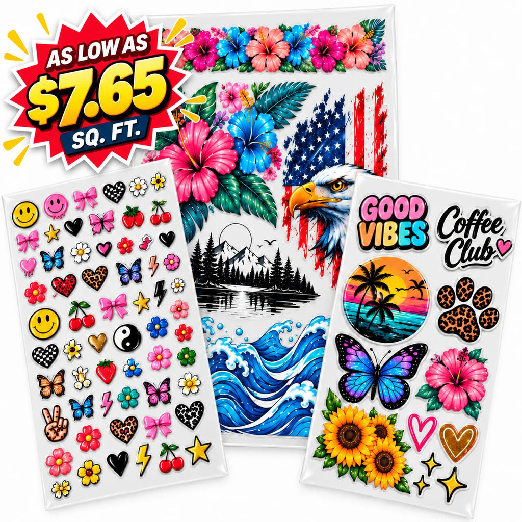 Three sheets of temporary tattoos displayed on a white background, featuring tropical hibiscus flowers, an American flag, ocean waves, a bald eagle, smiley faces, butterflies, flowers, and 'Good Vibes Coffee Club' graphics. A promotional badge in the top left corner reads 'AS LOW AS $7.