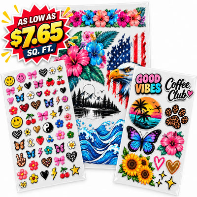 Three sheets of temporary tattoos displayed on a white background, featuring tropical hibiscus flowers, an American flag, ocean waves, a bald eagle, smiley faces, butterflies, flowers, and 'Good Vibes Coffee Club' graphics. A promotional badge in the top left corner reads 'AS LOW AS $7.