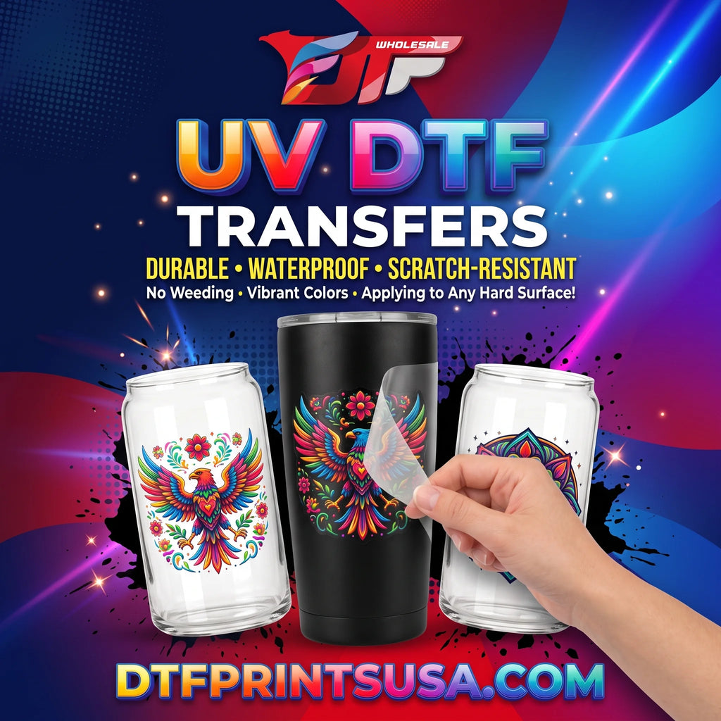Promotional graphic for UV DTF transfers showing three printed tumblers: a clear glass with a colorful phoenix design, a black insulated tumbler with the same phoenix design partially covered by a transparent transfer sheet, and a white tumbler with a mandala-style design. A hand is peeling back the transfer from the black tumbler.