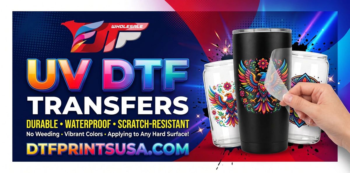 Promotional graphic for DTF (Direct to Film) transfers showing a hand peeling a colorful phoenix design from a black tumbler, alongside two clear cups with the same printed design. Large text reads 'UV DTF TRANSFERS' with 'DTFP PRINTS USA.
