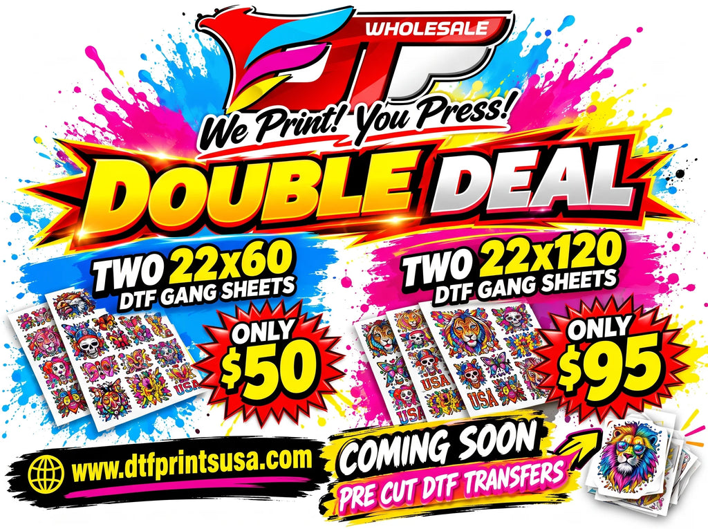 Promotional flyer for DTF wholesale printing with large 'Double Deal' text, two sample DTF gang sheet previews, pricing of $50 and $95, the website www.dttprintsusa.